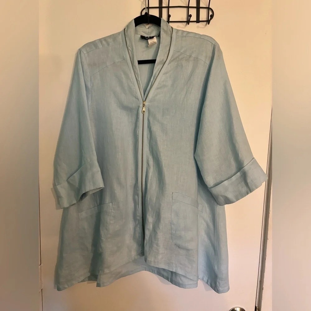 Luii Womens Linen High Low Zippered 3/4 Sleeve Jacket Back Accent Button XL 🇺🇸